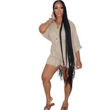 Solid Color Beige Convertible Collar Ruffled Short Romper