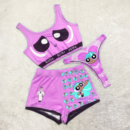 Sexy Gradient Graphic Print Vest Shorts Bikini Three Piece Set