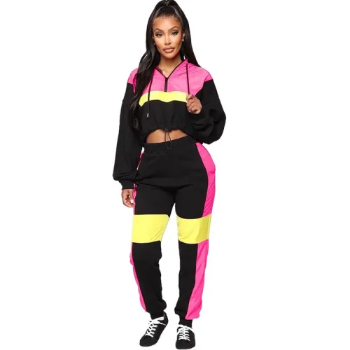 Casual Contrast Color Drawstring Hoodie Two Piece