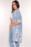 Women's Casual Distressed Ripped Single-breasted Long Denim Jacket