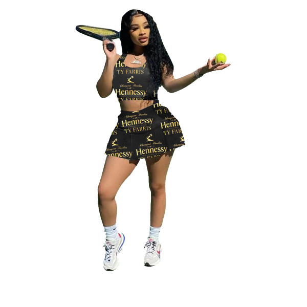 Two Piece Skirt Set Tennis Sports Pattern Printed Vest and Culottes