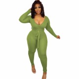 Green Elegant Knitted Ribbed Pencil Long Sleeve Jumpsuit Office Lady V-neck with Sashes High Waist One Piece Overall Playsuits