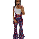 Plaid Printed Straps Flared Suspenders Jumpsuit Pants