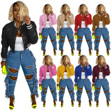Thread Elasticity Faux Leather Baseball Jacket