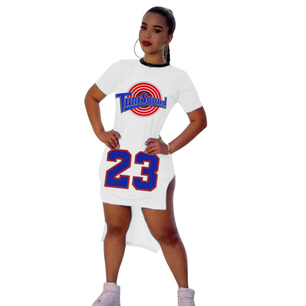 Casual Pattern Printed Short Sleeve Tuxedo Split Party Dress Basketball Cheerleaders