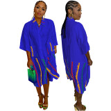 Woven Irregular Print Patchwork Mid Sleeve Shirt Dress with Pockets