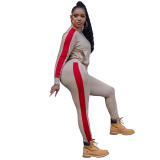 Casual Ivory Zipper High Neck Joggers Two Piece Pants Sets Women 2021 For Fall and Winter
