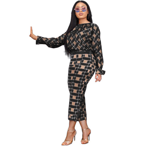 Casual Long Sleeve Plaid Two Piece Pants Set