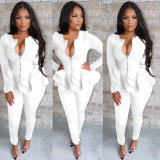 Solid Color Ruffled Sleeve Long Sleeve Zipper Tops and Trousers Set
