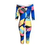 Off Shoulder Contrast Print Bodycon Jumpsuit