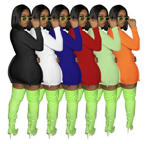 Fall New Women's Black High Collar Short Dress Ribbed Tight Fitting Long Sleeve Mini Dress