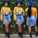 Yellow Fire Element Printed Long Sleeve O Neck T-shirt