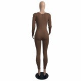 Solid Color Coffee Spring Thin V Neck Pleated One Piece Jumpsuit