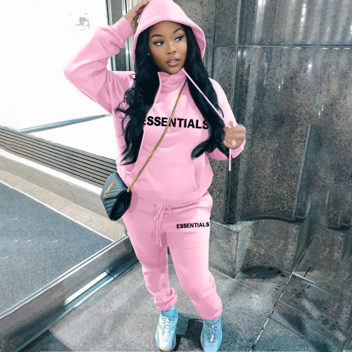 Casual Letter Pyrography Velvet Drawstring Kangaroo Pocket Hoodie & Pants Set