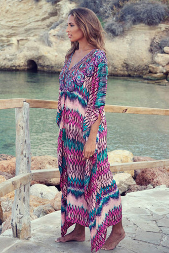 Positioning Printed Deep V Beach Dress
