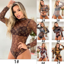 High Elastic Soft Swimsuit Sexy See Through Printed Mesh Playsuits