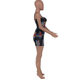 Sexy Comic Print Patchwork Spaghetti Strap Pencil Mini Dresses