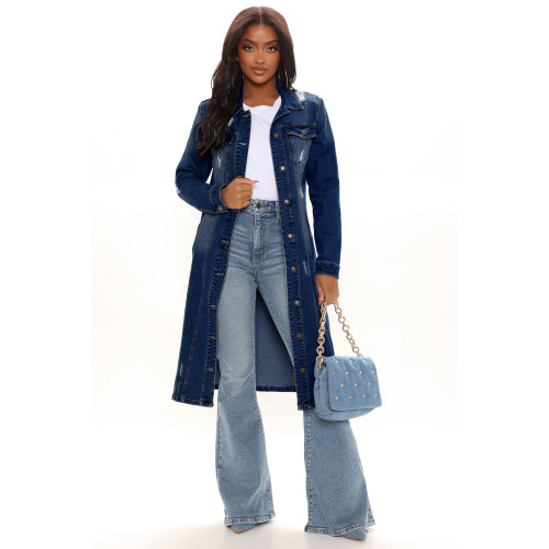 Ripped Single-breasted Denim Windbreaker 2022 Spring Long Sleeve Cardigan Jacket Dress