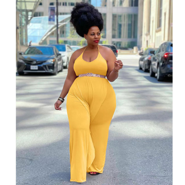 Solid Color Yellow Ruffled Halter One Piece Sexy Backless Jumpsuit