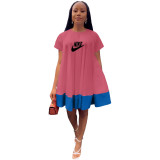 Summer Printed Short Sleeve O Neck Color-block Pleated Dress with Pockets