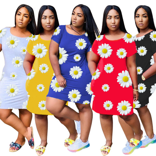 Casual Chrysanthemum Pattern Mini Dress