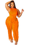 Solid Color Fringe Sleeveless Two Piece Pant Set