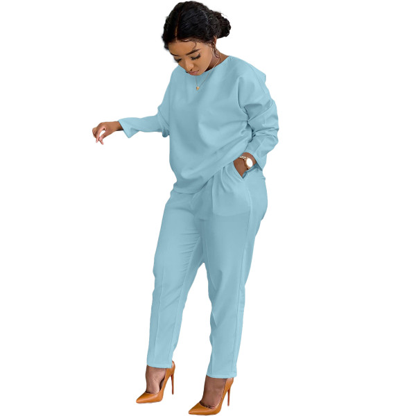 Light Blue Fashion Casual Solid Basic O Neck Long Sleeve Two Pieces For Winter