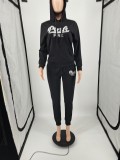 Black Fashion Twill Two Piece Set Casual Embroidery Hooded Sports Sweatshirt Set
