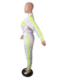 Casual White Color Matching Zipper Lapel Running Sweatshirt Pants Set