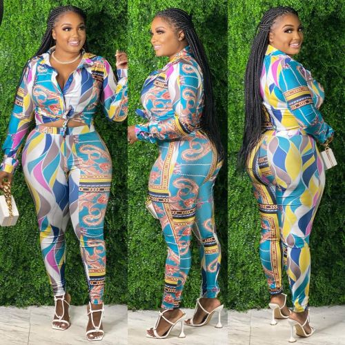 Casual Printed Turndown Neck Long Sleeve Shirt Trousers Homewear Casual Set