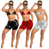 Black Solid Color Stretch PU Bra Shorts Set Two Pieces