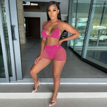 Summer Rose Beachwear Sexy Mesh Sequined Two Piece Short Set
