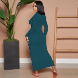 Solid Color V Neck Ruched Maxi Dress