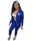 Solid Color Offset Printed Letter Zipper Sports Two Piece Pant Set