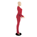 New Stylish Women Long Sleeves Patchwork Solid Stacked Skinny Casual Pants Set