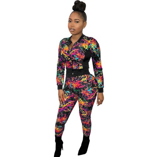 Casual Sports Stitching Print Two Piece Set