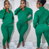 Casual High Neck Long Sleeve Zippered Solid Color Sweatshirt 2 Pieces with Pockets