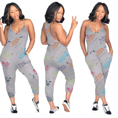 Casual Letter Printed Straps Jumpsuit with Pockets