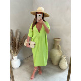 Kelly Casual Loose Solid Pleated V Neck Midi Dress