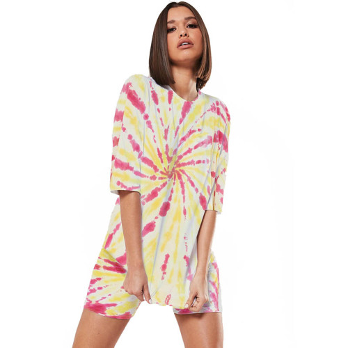 Casual Tie-dye Round Neck Loungewear Shorts Set