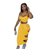 Solid Color Straps Crop Top and Holes Long Skirt