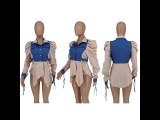 Double Collar Adjustable Tie Puff Long Sleeve Ruffle Denim Jacket