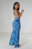 Sexy Faux Denim Print Slit Wide-leg Trousers