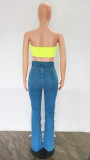High Waist Button Fly Contrast Mesh Ruffle Trim Flare Leg Jeans