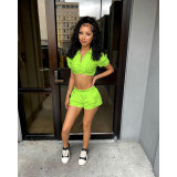 Casual Solid Color Piled Sleeves Crop Shirt Shorts Set
