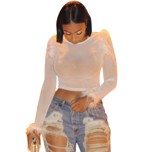 Solid Color Knit Stitching Feather Crop T-shirt