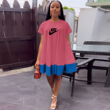 Summer Printed Short Sleeve O Neck Color-block Pleated Dress with Pockets