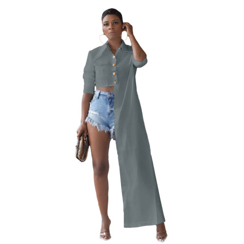 Grey Button Up Suit Collar Asymmetrical Shirt