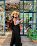 Black Casual Solid Pleated Mid Waist Wide Leg Pants