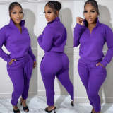 Casual High Neck Long Sleeve Zippered Solid Color Sweatshirt 2 Pieces with Pockets